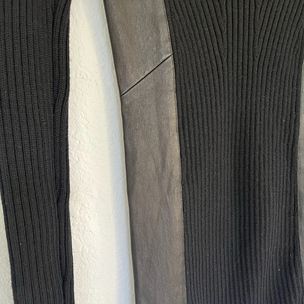 Theory Black Lambskin Leather Trim Long Sleeve Stretch Sweater Dress Size P/TP - Picture 7 of 11